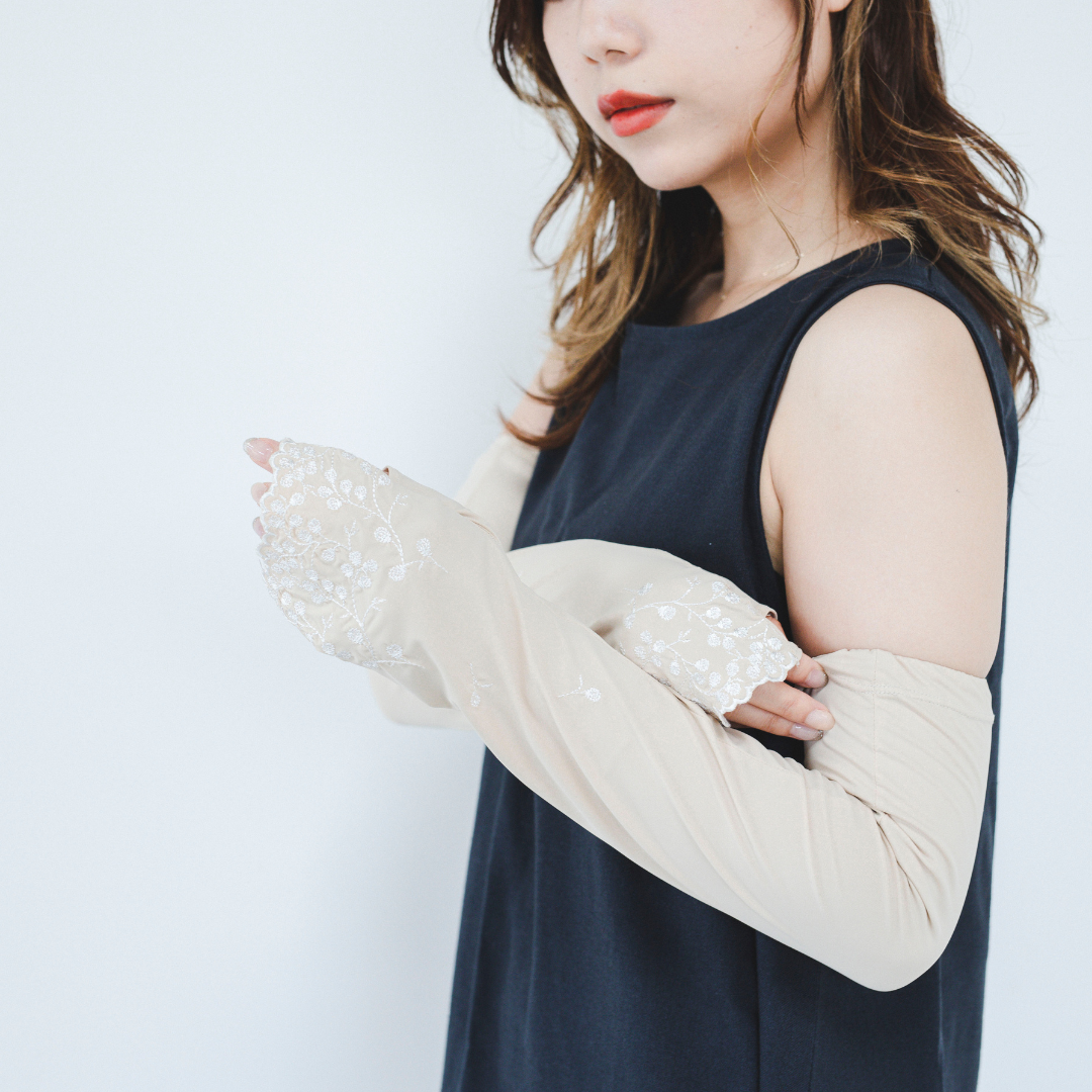 Cold feeling antibacterial fingertip flower embroidery UV arm cover gloves long size