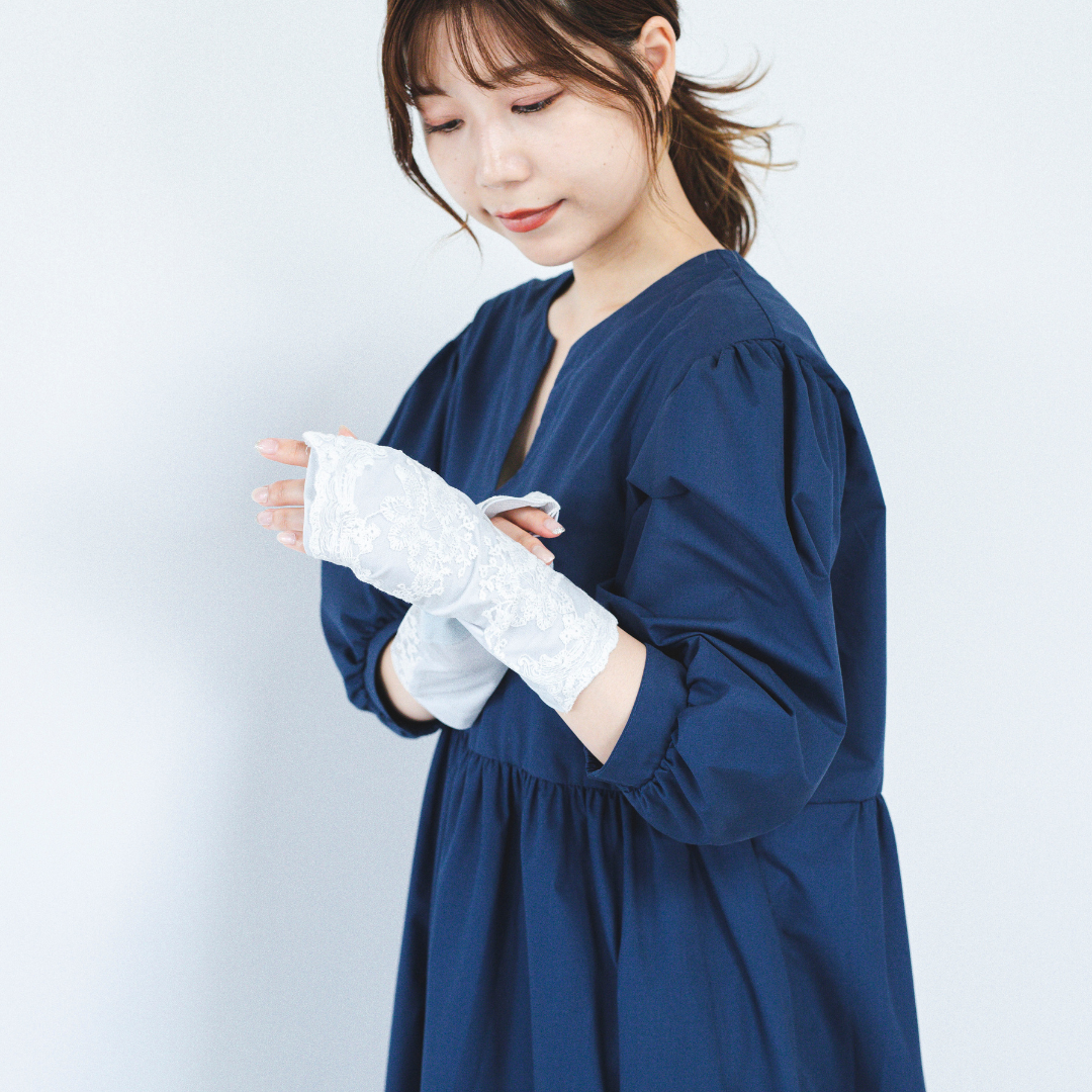 S007 冷感抗菌アンティークレース UVアームカバー手袋 ショートサイズ