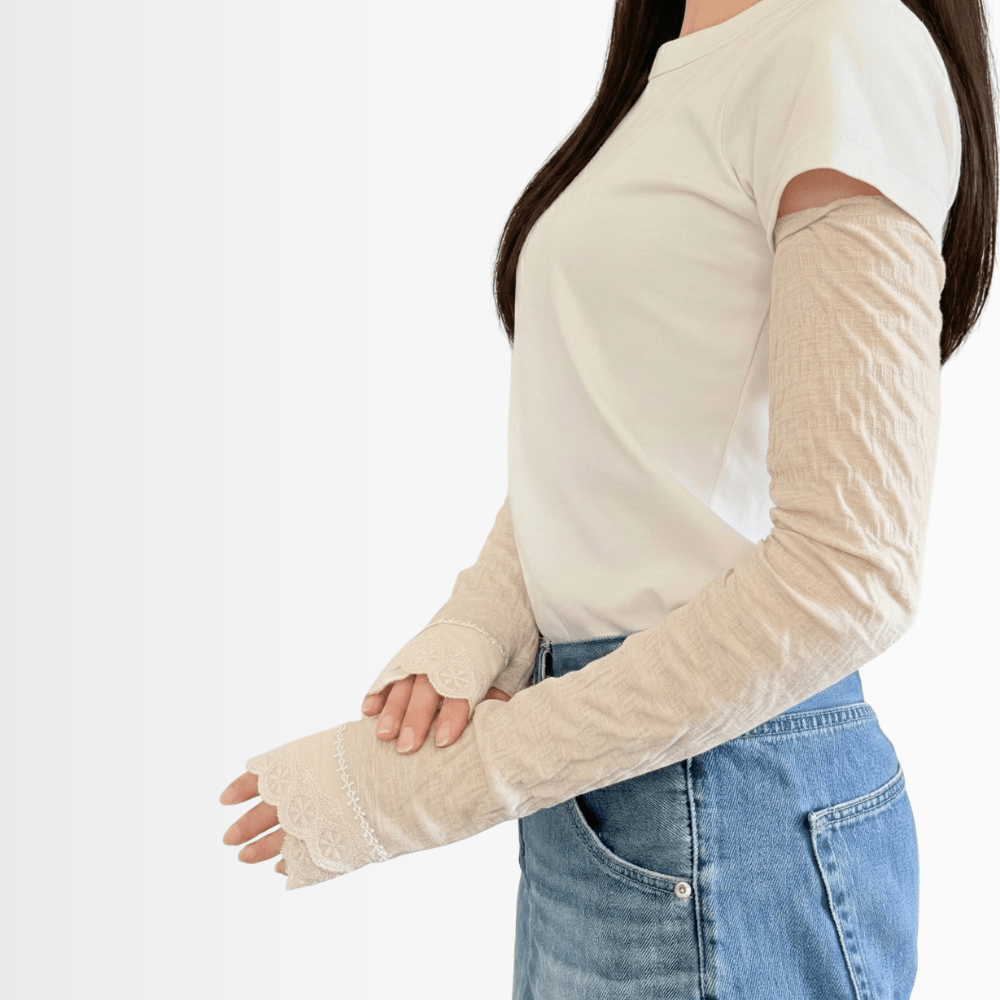 L043  細見え楊柳指先レース　UVアームカバー手袋　ロングサイズ