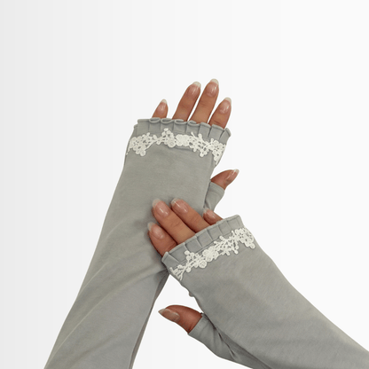 L050  オーガニックコットンフリルレース　UVアームカバー手袋　ロングサイズ