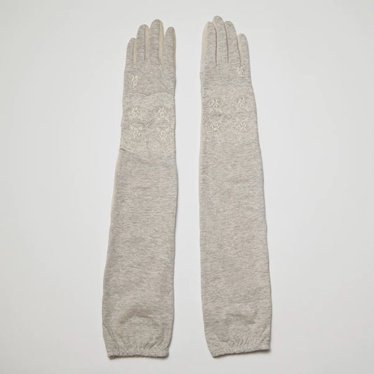 綿麻レース刺繍五指 　UVアームカバー手袋　ロングサイズ