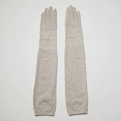 Cotton Linen Lace Embroidery Five Finger UV Arm Cover Gloves Long Size