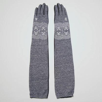 Cotton Linen Lace Embroidery Five Finger UV Arm Cover Gloves Long Size